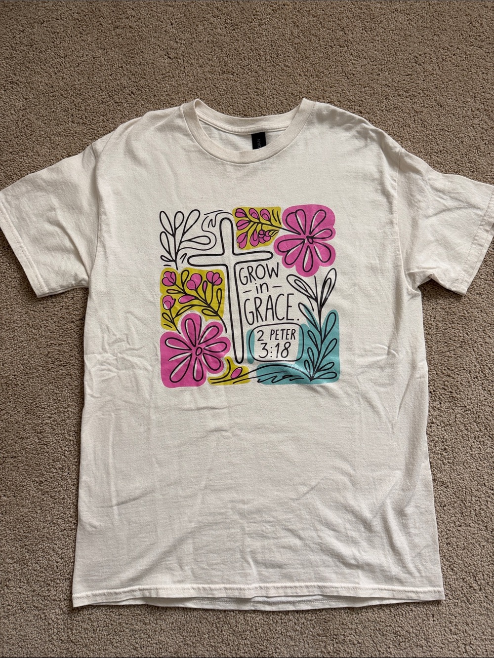 Gildan White Tee with Pink, Yellow & Teal Floral Cross Graphic